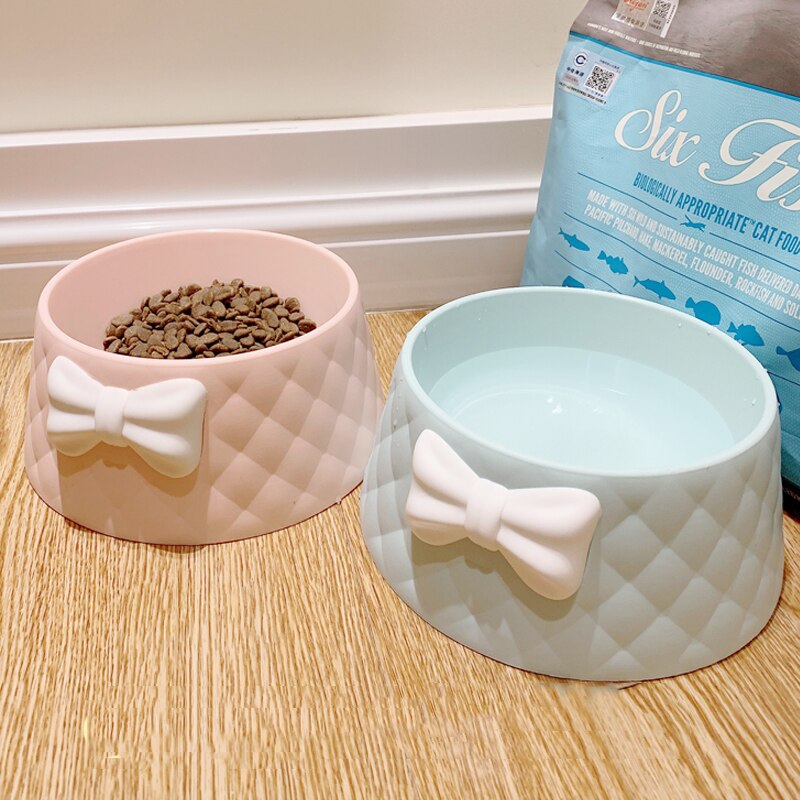 Cute Bow Pet Dog Cat Bowl Drinking Eating Pink Blue