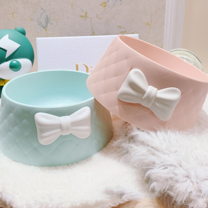 Cute Bow Pet Dog Cat Bowl Drinking Eating Pink Blue
