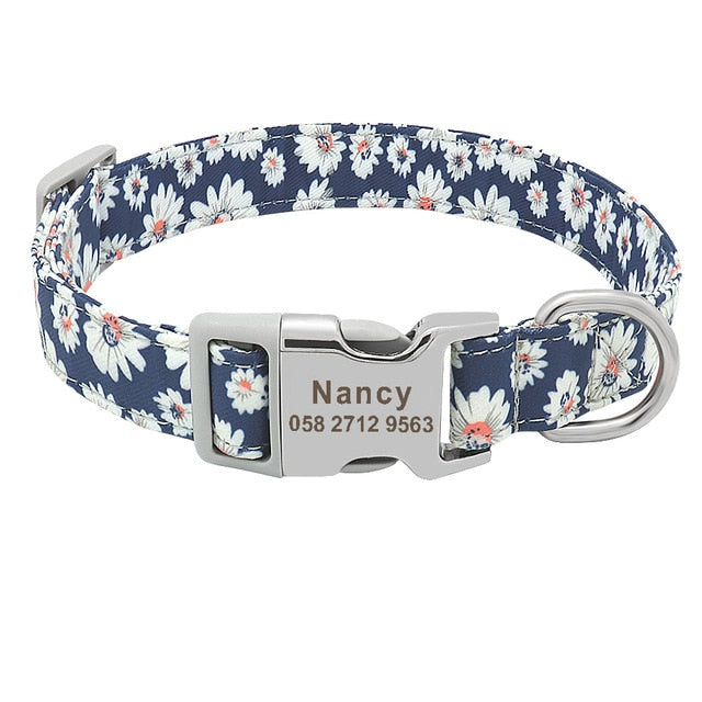Custom Dog Collar Nylon Floral Engraved Pet Puppy Collar Print Personalized Name Collars for Small Medium Large Dogs Pitbull