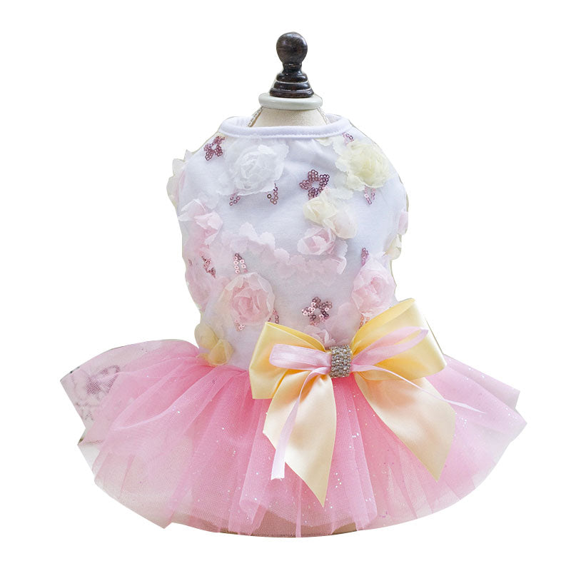 Summer Dog Dress Wedding Dress Skirt Bowknot Lace Sequins Pet Dog Clothes for Small Medium Dogs Sweet Mesh Pet Cat Short Skirts