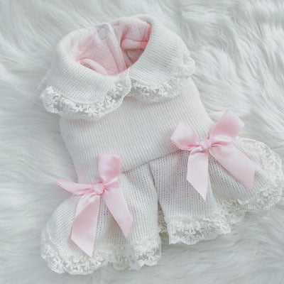Cute Princess Dog Clothes Knitted Coat Dress Winter Pink Yellow Beige Plush Lapel Tutu Dresses With Bow Tie Dog Jacket For Girls