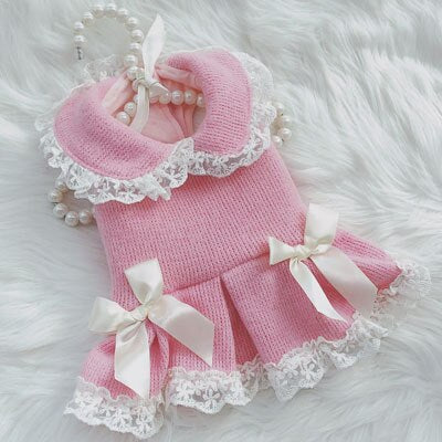 Cute Princess Dog Clothes Knitted Coat Dress Winter Pink Yellow Beige Plush Lapel Tutu Dresses With Bow Tie Dog Jacket For Girls