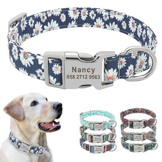 Custom Dog Collar Nylon Floral Engraved Pet Puppy Collar Print Personalized Name Collars for Small Medium Large Dogs Pitbull