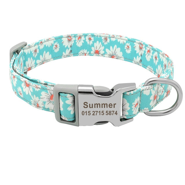 Custom Dog Collar Nylon Floral Engraved Pet Puppy Collar Print Personalized Name Collars for Small Medium Large Dogs Pitbull