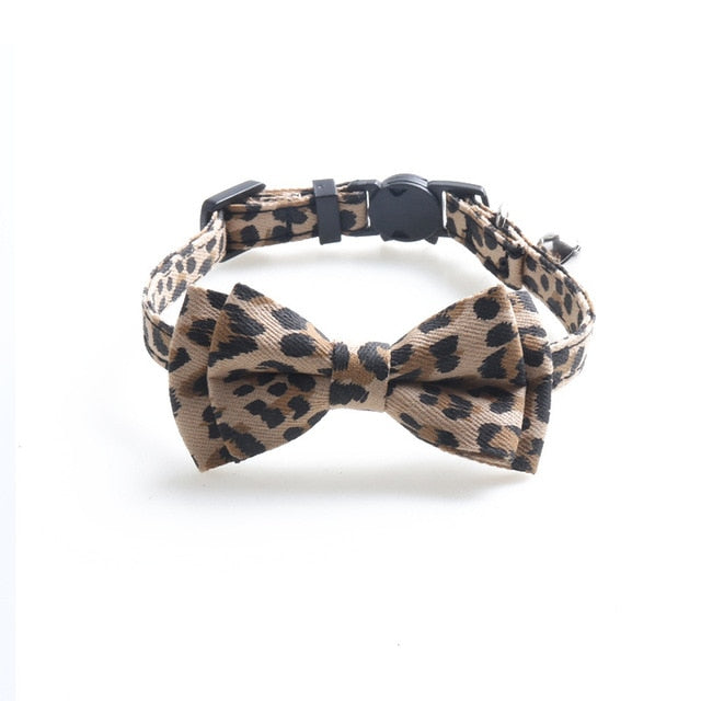 Leopard Print Bowknot Cat Collar Adjustable Buckle Kitty Bow Tie with Bells Puppy Chihuahua Small Dogs Collars Pets Supplies
