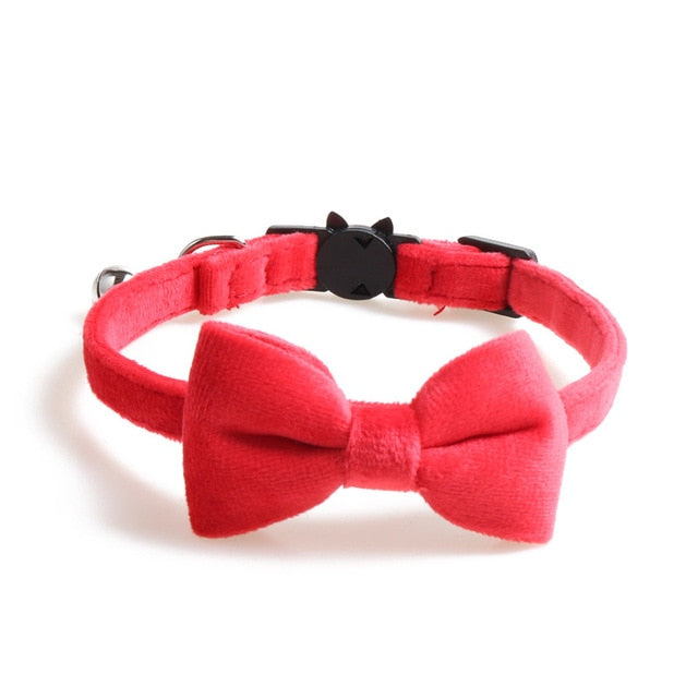 Velvet Cat Collar Solid Color Bowknot Puppy Chihuahua Collars with Bell Adjustable Safety Buckle Cats Bow Tie Pets Accessories