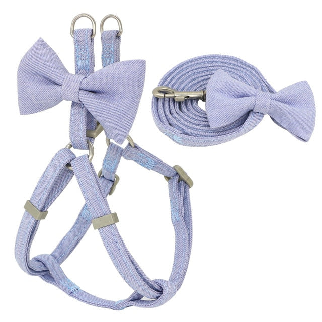 Dog Harness Leash Collar Set Adjustable Soft Cute Bow Double Layer Dog Harness for Small Medium Pet Collar Leash Outdoor Walking