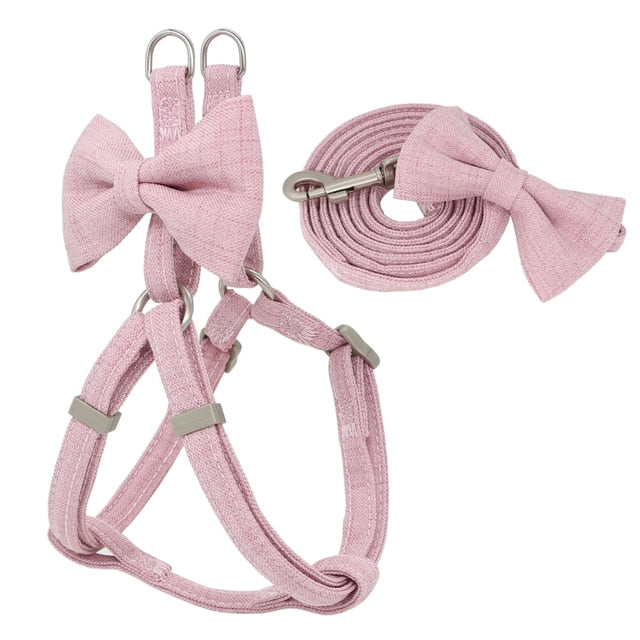 Dog Harness Leash Collar Set Adjustable Soft Cute Bow Double Layer Dog Harness for Small Medium Pet Collar Leash Outdoor Walking