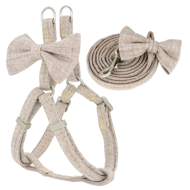 Dog Harness Leash Collar Set Adjustable Soft Cute Bow Double Layer Dog Harness for Small Medium Pet Collar Leash Outdoor Walking