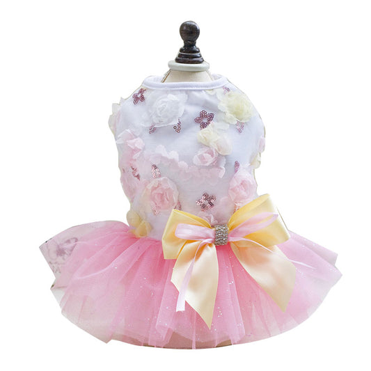Summer Dog Dress Wedding Dress Skirt Bowknot Lace Sequins Pet Dog Clothes for Small Medium Dogs Sweet Mesh Pet Cat Short Skirts