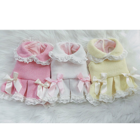 Cute Princess Dog Clothes Knitted Coat Dress Winter Pink Yellow Beige Plush Lapel Tutu Dresses With Bow Tie Dog Jacket For Girls