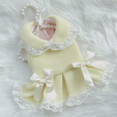 Cute Princess Dog Clothes Knitted Coat Dress Winter Pink Yellow Beige Plush Lapel Tutu Dresses With Bow Tie Dog Jacket For Girls