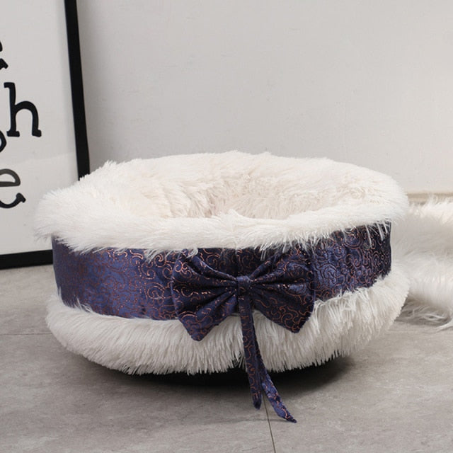 Cute Cat Beds Pet Dog Warm Bed Luxury Bowknot Decoration Fluffy Round House Soft Long Plush Bed Dog Basket Animals Sleeping Bed
