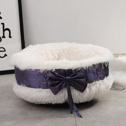 Cute Cat Beds Pet Dog Warm Bed Luxury Bowknot Decoration Fluffy Round House Soft Long Plush Bed Dog Basket Animals Sleeping Bed
