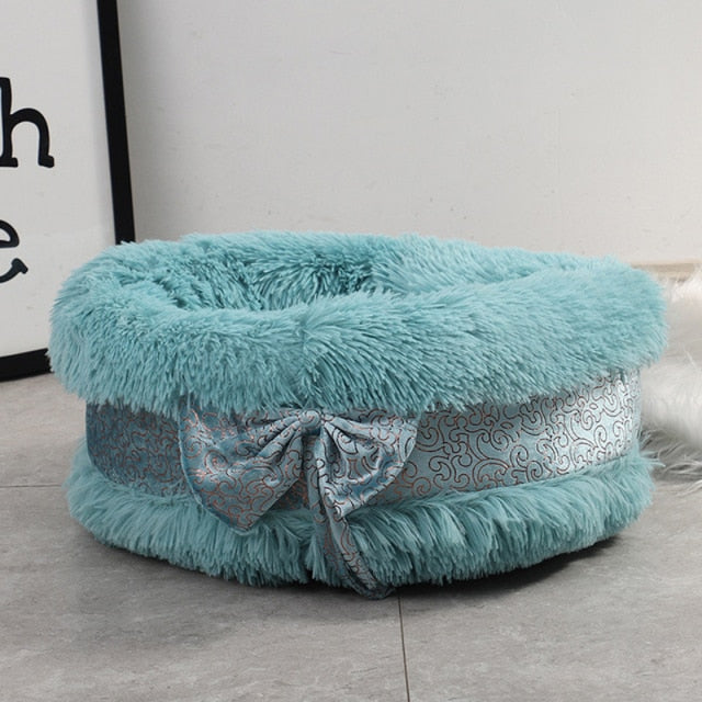 Cute Cat Beds Pet Dog Warm Bed Luxury Bowknot Decoration Fluffy Round House Soft Long Plush Bed Dog Basket Animals Sleeping Bed