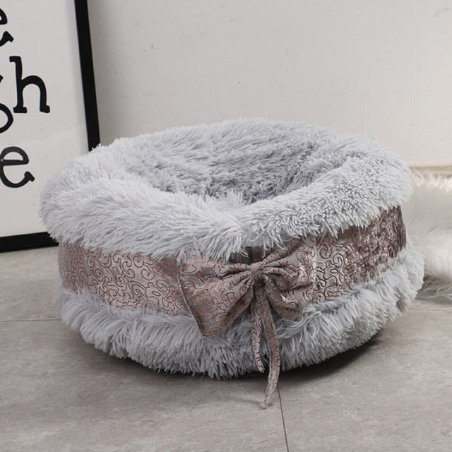 Cute Cat Beds Pet Dog Warm Bed Luxury Bowknot Decoration Fluffy Round House Soft Long Plush Bed Dog Basket Animals Sleeping Bed
