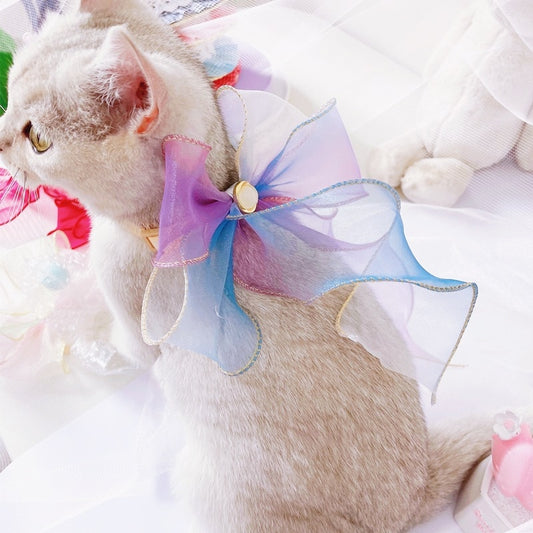Ribbon Satin Kitten Cat Collar Pearl Fairy Gradient Dog Bowknot Necklace Head Decor Pet Bows Cat Accessories Ragdoll Silvercat