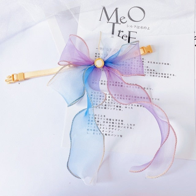 Ribbon Satin Kitten Cat Collar Pearl Fairy Gradient Dog Bowknot Necklace Head Decor Pet Bows Cat Accessories Ragdoll Silvercat